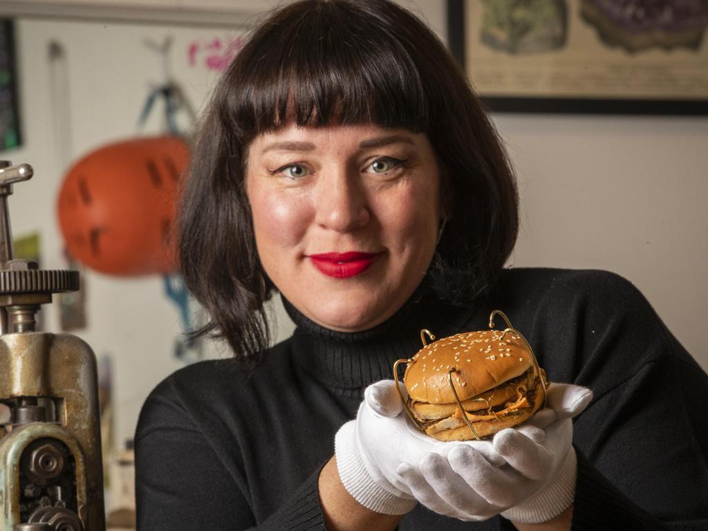 Hobart artist Emma Bugg who has created a wearable brooch out of a Big Mac burger that will be part of MONA gala auction.  Picture: Chris Kidd