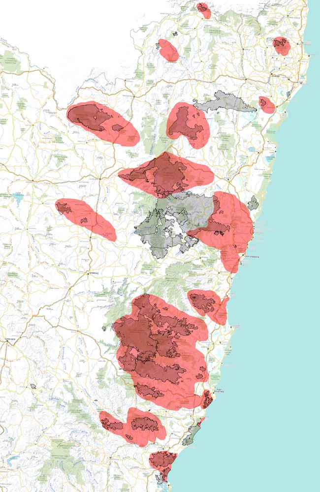 A map of the predicted path of spreading bushfires on Tuesday.