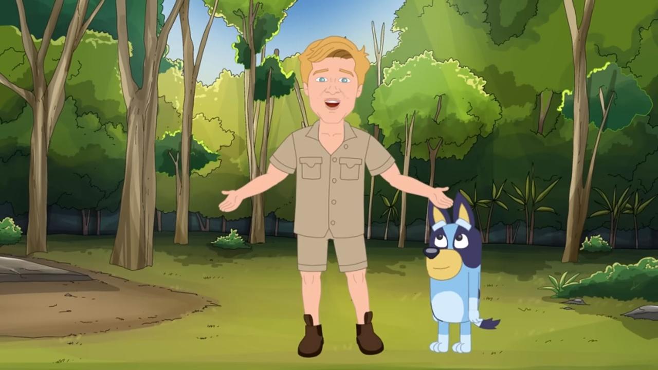Screenshots from Pauline Hanson's Please Explain series featuring Robert Irwin and popular animated character Bluey which was posted to YouTube.