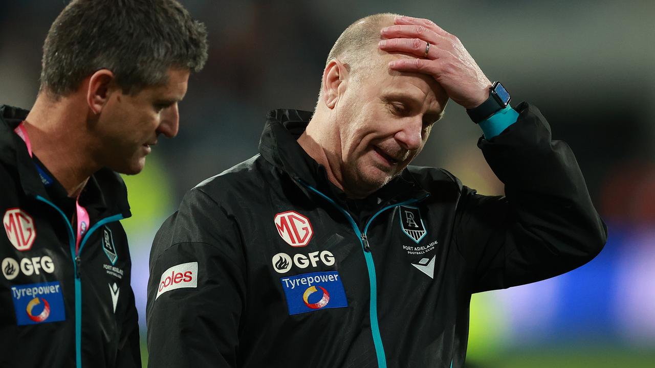 GEELONG, AUSTRALIA - AUGUST 05: Ken Hinkley, Senior Coach of the Power reacts after the loss during the round 21 AFL match between Geelong Cats and Port Adelaide Power at GMHBA Stadium, on August 05, 2023, in Geelong, Australia. (Photo by Kelly Defina/Getty Images)
