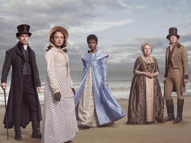 Theo James, Rose Williams, Crystal Clarke, Anne Reid and Kris Marshall star in the TV series Sanditon. Picture: BBC Australia