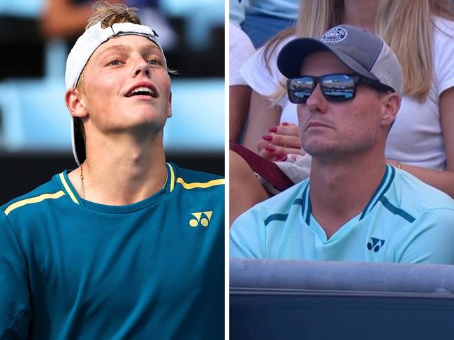 Lleyton Hewitt watches Cruz on court. Photo: Twitter and Eurosport.