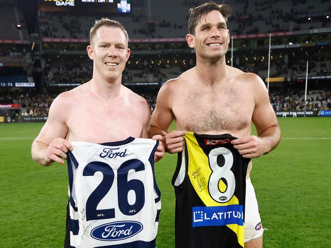 MELBOURNE, AUSTRALIA - MAY 12: Jack Riewoldt of the Tigers and Tom Hawkins of the Cats swap jumpers after the 2023 AFL Round 09 match between the Richmond Tigers and the Geelong Cats at the Melbourne Cricket Ground on May 12, 2023 in Melbourne, Australia. (Photo by Michael Willson/AFL Photos via Getty Images)