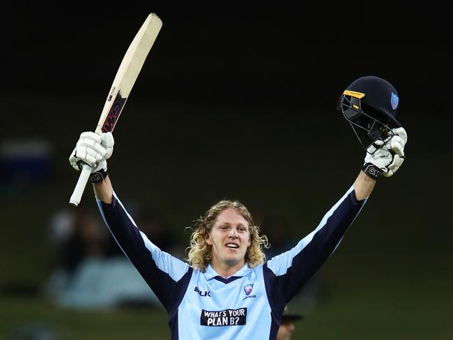 Jack Edwards of the Blues celebrates scoring his record century during the JLT One-Day Cup. Picture: AAP Image