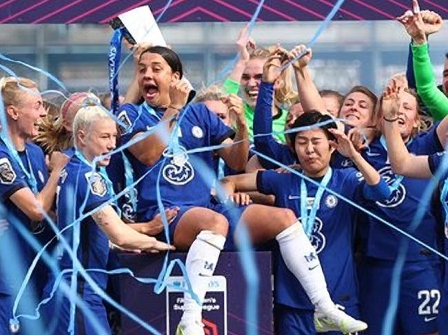 10/05/2021 Chelsea FCW player Sam Kerr celebrating their win against Reading in Barclay's WSL. Source: @chelseafcw/Instagram.