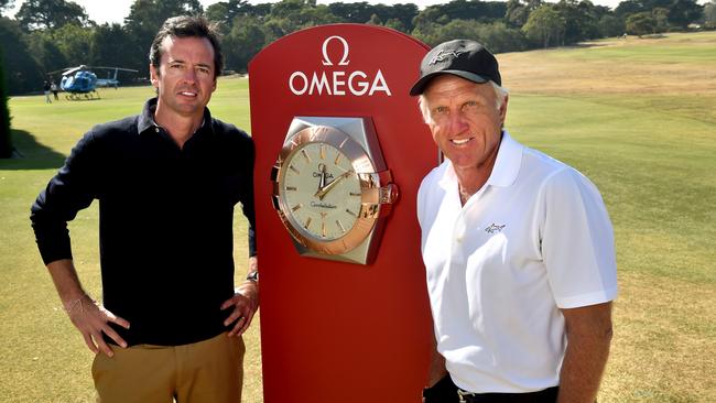 Greg Norman at Royal Melbourne Golf Course with Hamish McLachlan. Picture: Mike Keating.