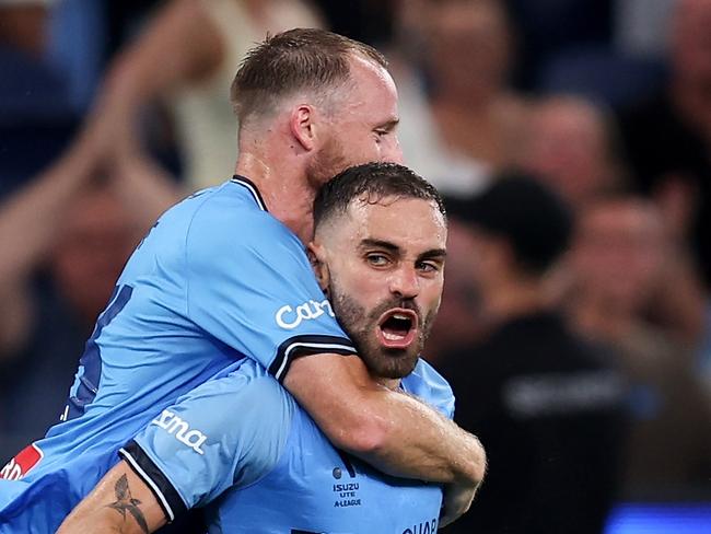 SYDNEY, AUSTRALIA - FEBRUARY 08: Anthony Caceres of Sydney celebrates scoring a goal during the round 18 A-League Men match between Sydney FC and Western Sydney Wanderers at Allianz Stadium, on February 08, 2025, in Sydney, Australia. (Photo by Brendon Thorne/Getty Images)