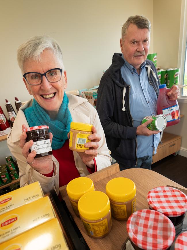 Caulfield Village Aged Care residents Una Daniel and Kenneth Calder will see their complex’s current store refurbished into a dementia-friendly experience, with specially designed check-outs, counters, shelving and festive seasonal stock and decorations. Picture: Tony Gough