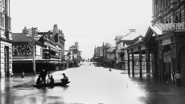 Queen Street during the 1893 Brisbane floods. Picture: Queensland State Library