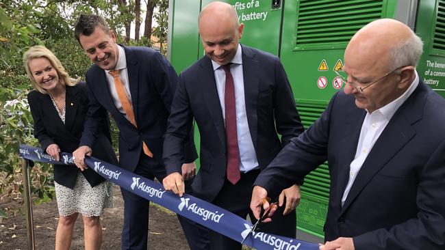 From left to right – Upper House Liberal MP Natalie Ward, Northern Beaches Mayor Michael Regan, NSW Energy Minister Matt Kean and Ausgrid CEO Richard Gross, at the official launch of the community battery trial at Princess Mary Reserve, Beacon Hill. Picture: Jim O'Rourke