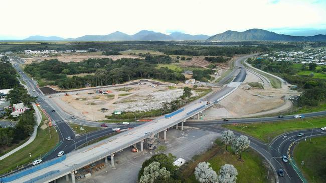 Aerial view of construction roadworks of the northern end of the Smithfield bypass road and overpass flyover at the McGregor Road roundabout, Smithfield. PICTURE: Brendan Radke