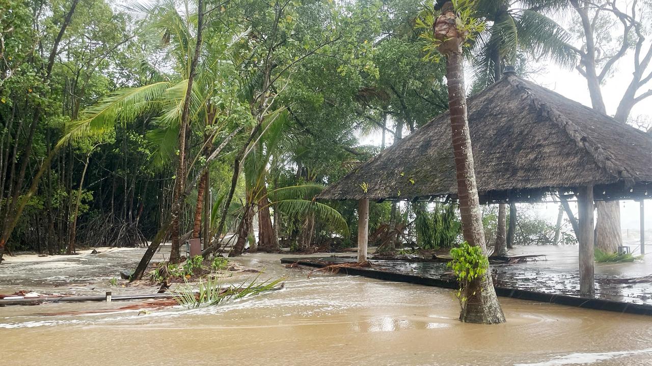 A large high tide and strong winds combined with the arrival of Tropical Cyclone Jasper in Far North Queensland to flood Kewarra Beach in Cairns. Picture: Bronwyn Farr