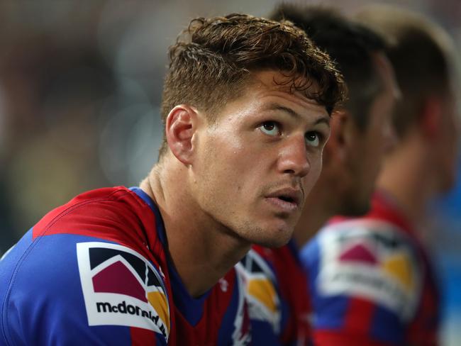 GOSFORD, AUSTRALIA - FEBRUARY 29: Kalyn Ponga of the Knights sits on the bench during the NRL trial match between the Sydney Roosters and the Newcastle Knights at Central Coast Stadium on February 29, 2020 in Gosford, Australia. (Photo by Tony Feder/Getty Images)