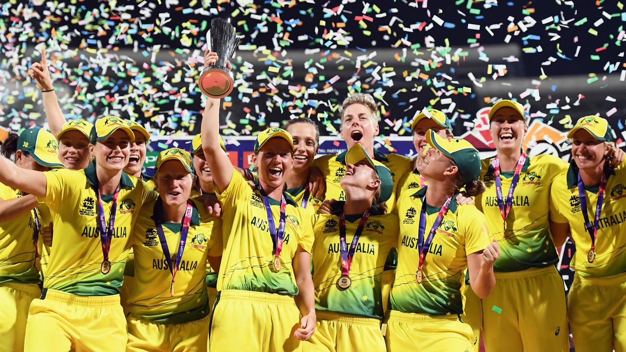 Australian players celebrate after they beat England in the final of the World T20 competition in Antigua at the weekend. Picture: Getty Images