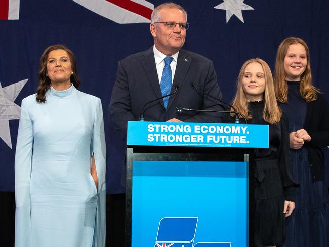 ELECTION TEAM 2022 LIBERAL BUS TOUR  21/5/2022Liberal party election night at The Fullerton Hotel Sydney. Where Liberal Party members and fans wait for Prime Minister Scott Morrison, Jenny Morrison and daughters Abbey and Lily. Picture: Jason Edwards