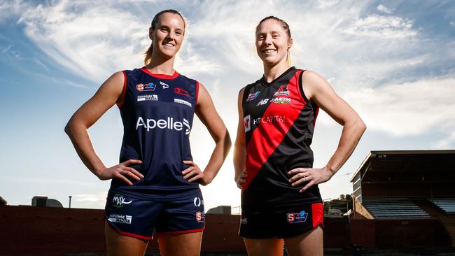 Norwood captain Alison Ferrall with West Adelaide skipper Bec Owen ahead of their SANFLW preliminary final this weekend. The big clash will be live streamed by The Advertiser. Picture: Matt Turner