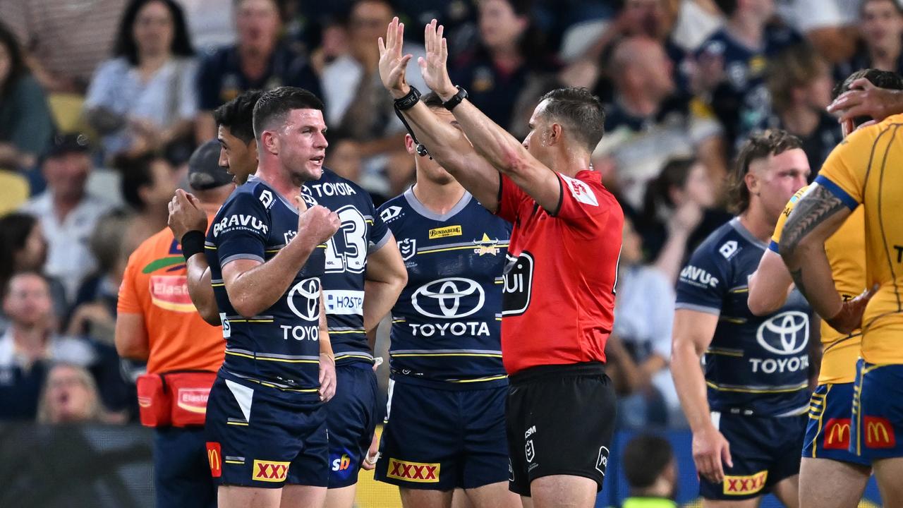 Referee Grant Atkins sends Jason Taumalolo of the Cowboys off during the NRL Preliminary Final match between the North Queensland Cowboys and the Parramatta Eels at Queensland Country Bank Stadium on September 23, 2022 in Townsville, Australia. (Photo by Bradley Kanaris/Getty Images)