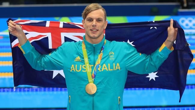 Kyle Chalmers celebrates his 100m freestyle gold medal at the Rio Olympic Games. Picture: Alex Coppel.