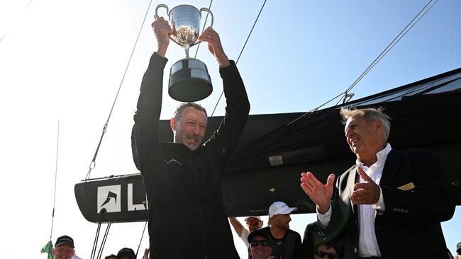 LawConnect skipper Christian Beck celebrates winning the 2023 Sydney to Hobart. Picture: Getty Images