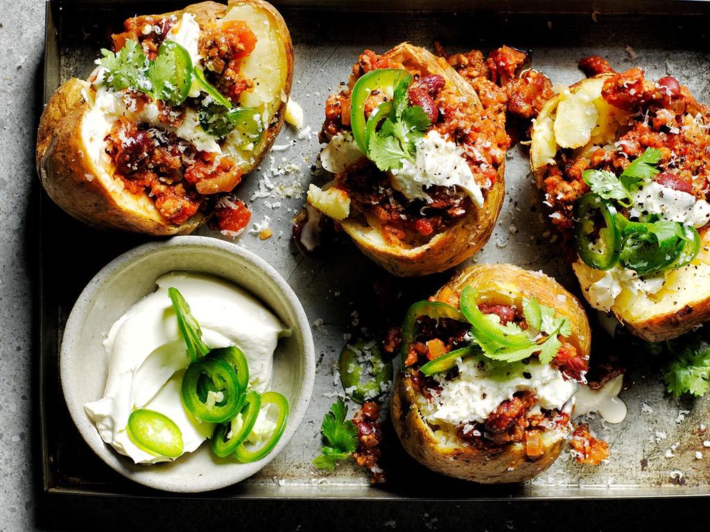 Jacket potatoes with chilli con carne.