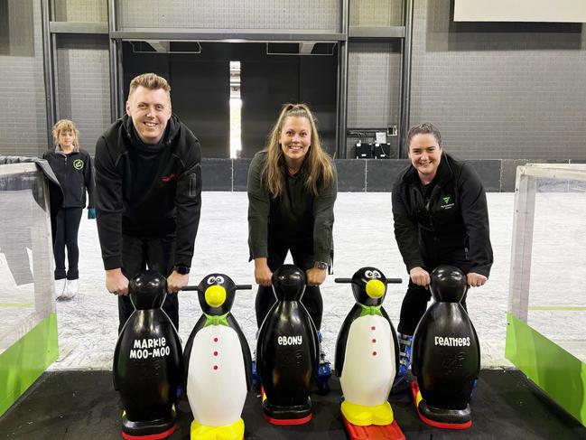 Mark Holmes, Ebony Linnell and Jessica Featherstone.  MyState Bank Arena Glenorchy to establish a temporary ice rink for a month in June 2025.  Picture: MyState Bank Arena