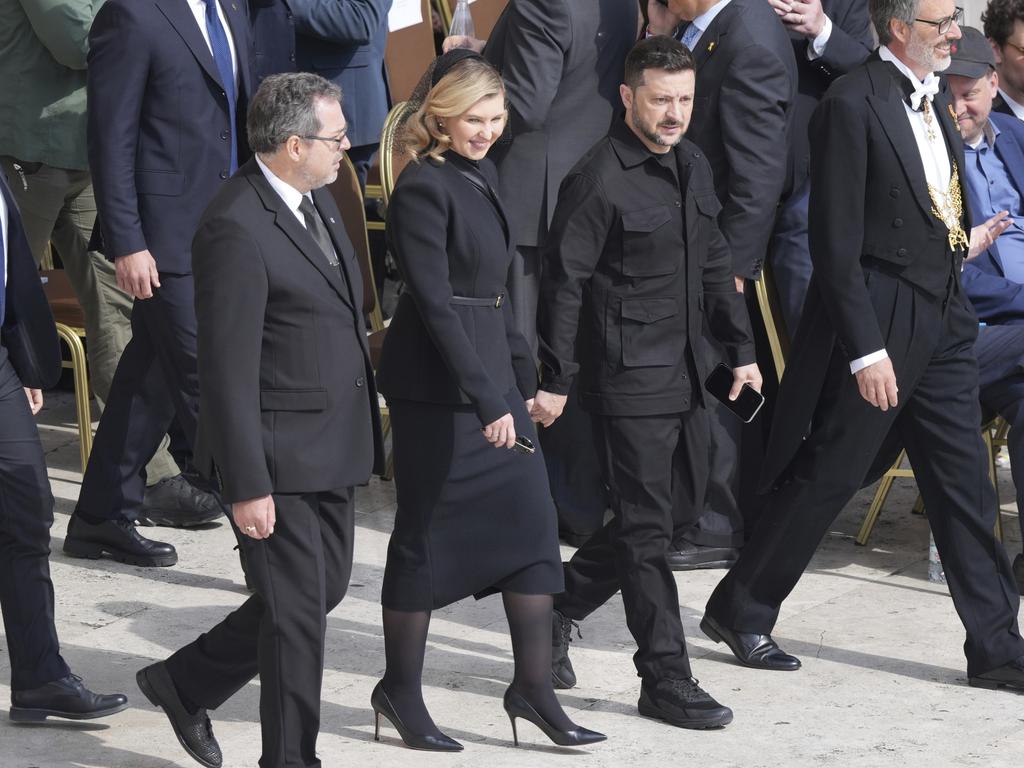 Ukraine's President Volodymr Zelensky and first lady Olena Zelenska arrive for Pope Leo XIV's formal inauguration. Picture: AP Photo/Stefano Costantino
