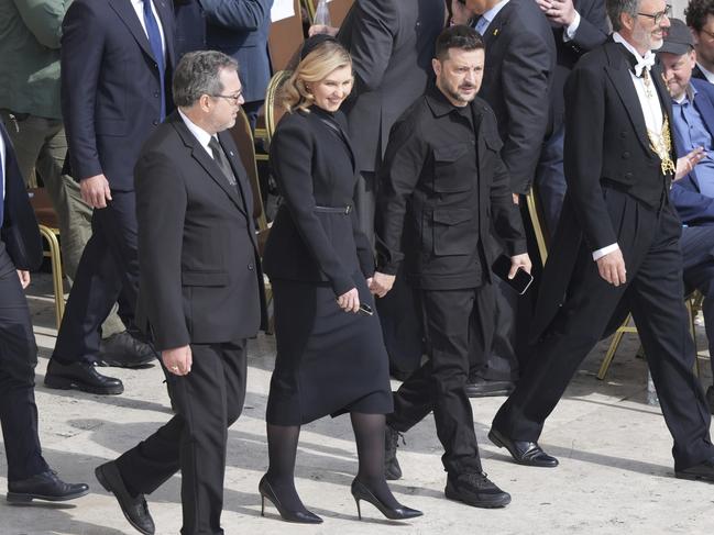 Ukraine's President Volodymr Zelensky and first lady Olena Zelenska arrive for Pope Leo XIV's formal inauguration. Picture: AP Photo/Stefano Costantino