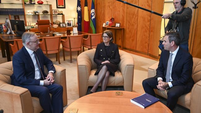 Anthony Albanese and Jim Chalmers with Ms Bullock. Picture: NCA NewsWire / Martin Ollman