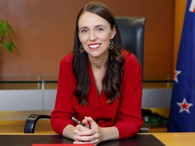 WELLINGTON, NEW ZEALAND - JANUARY 25: New Zealand Prime Minister Jacinda Ardern poses at her desk for the last time as Prime Minister at Parliament on January 25, 2023 in Wellington, New Zealand. Chris Hipkins will be sworn-in as the new Prime Minister of New Zealand following the resignation of previous Prime Minister, Jacinda Ardern. (Photo by Hagen Hopkins/Getty Images)