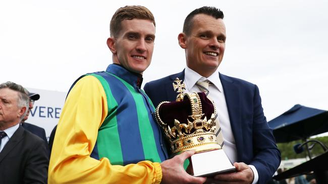 Chad Schofield with trainer Joe Pride after winning the King Charles III Stakes with Ceolwulf. Picture: Jeremy Ng/Getty Images