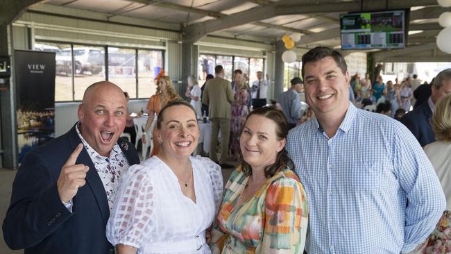 At the Warwick Cup race day are (from left) Jay Simpson, Michelle Simpson, Angela Wilkie and Craig Wilkie at Allman Park Racecourse, Saturday, October 14, 2023. Picture: Kevin Farmer