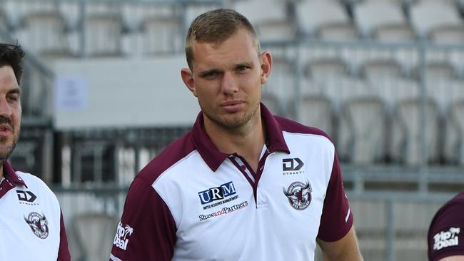 Tom Trbojevic on the sidelines during Manly’s trial against Cronulla on Sunday. He is fit to play round one. Picture: Grant Trouville NRL Photos