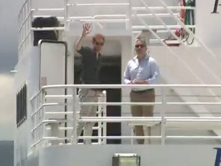 Prince Harry on his way to Fraser Island on board the Fraser Venture barge. Picture: Nine Network