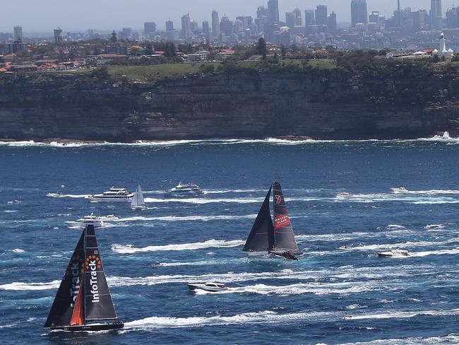 Infotrack, Wild Oats XI, Scallywag and Comanche during the start of the 2018 Sydney Hobart Yacht Race in Sydney. Picture: Brett Costello