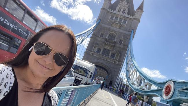 Emma Young at Tower Bridge in London. She is now stranded in the UK.