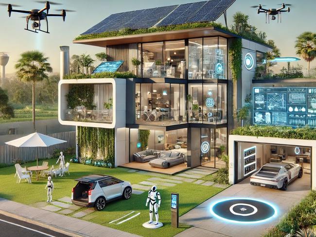 A visual concept of a family home in Australia in 2074, showcasing a blend of sustainability, cutting-edge technology, and futuristic architecture. Source: ChatGPT