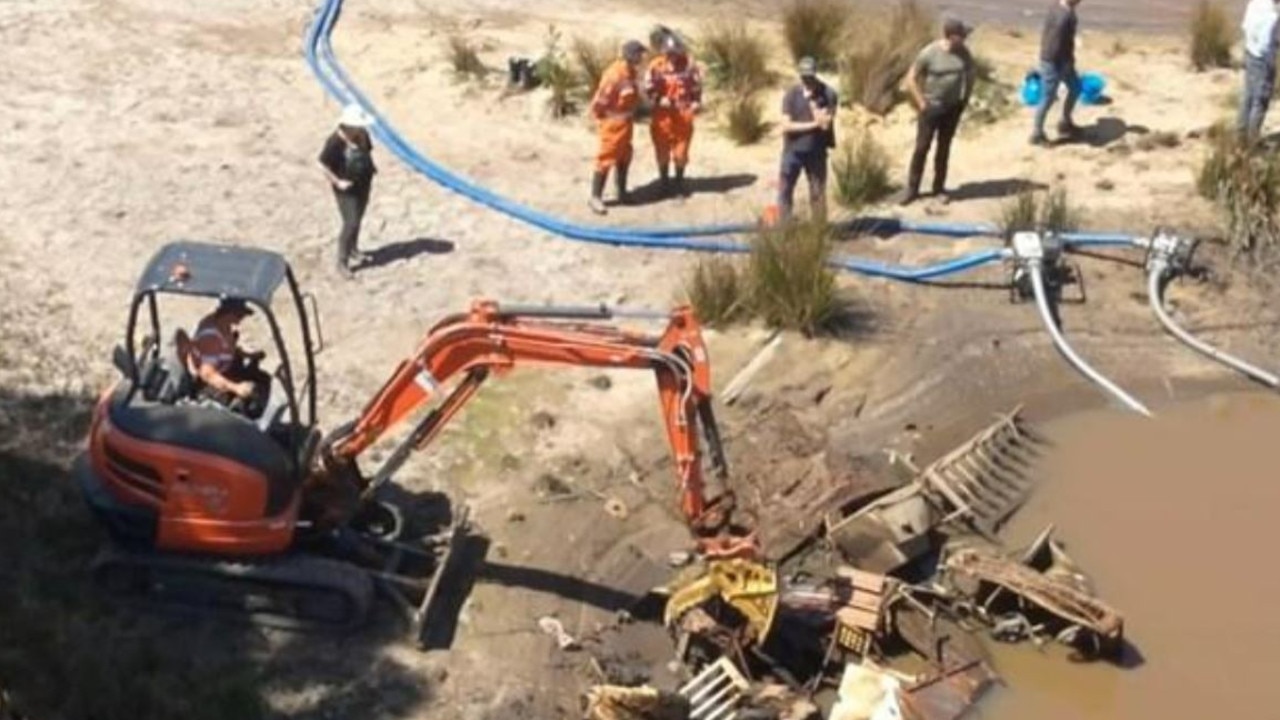 An excavator helps drain a Deeral damn for the remains of missing Bannockburn woman Lorrin Whitehead. The fresh search has now concluded with no trace of her being found. Photo: Victoria Police.