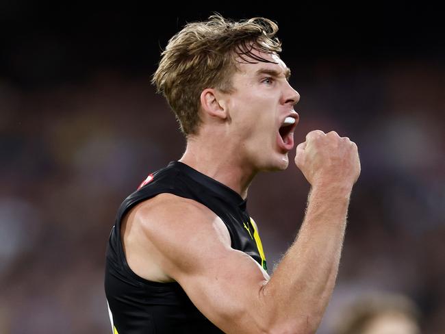 MELBOURNE, AUSTRALIA - MARCH 14: Tom Lynch of the Tigers celebrates a goal during the 2024 AFL Round 01 match between the Carlton Blues and the Richmond Tigers at the Melbourne Cricket Ground on March 14, 2024 in Melbourne, Australia. (Photo by Michael Willson/AFL Photos via Getty Images)