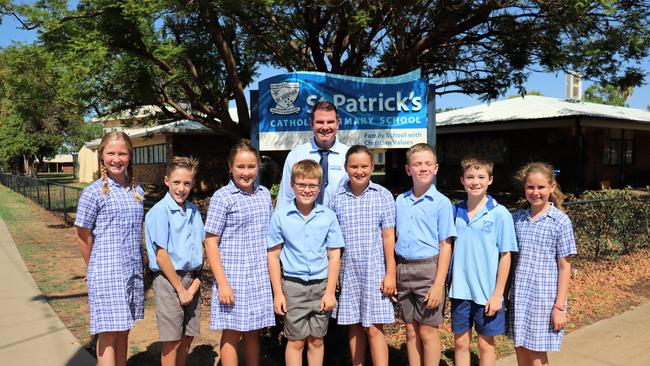 St Patrick's School principal Brendan Redinger with school captains Emma Blanch and Ollie Lockwood, and students Shelley Easton, Will McKay, Olivia Haynes, Tom Bowman, Daniel Sheedy, and Annabelle Suttor.