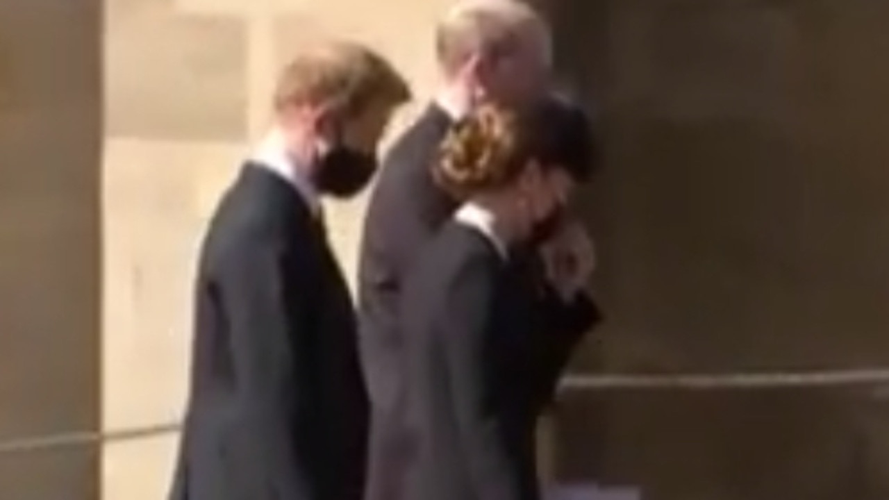 Prince Harry, Prince William and Kate Middleton walking together after the funeral service for Prince Philip on Saturday. Picture: 7 NEWS