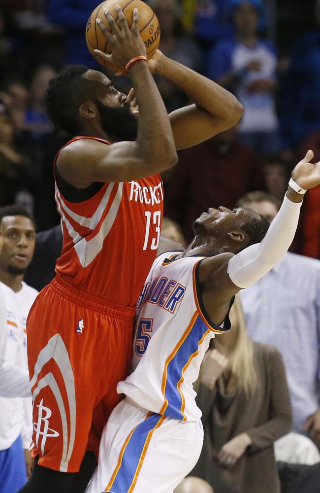 James Harden shoots over Oklahoma City Thunder's Reggie Jackson in a very low-scoring game.