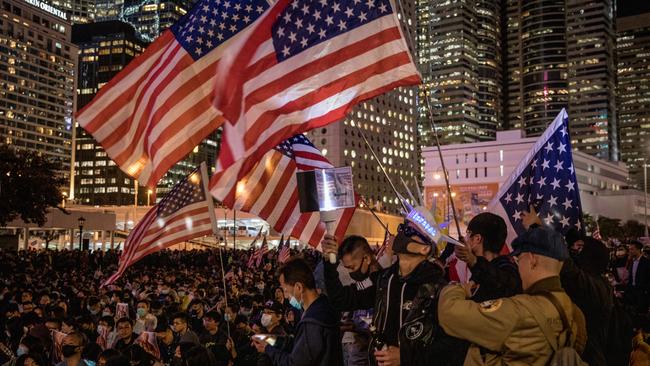 Pro-democracy protesters take part in a Thanksgiving Day rally in Hong Kong. Picture:  Getty Images