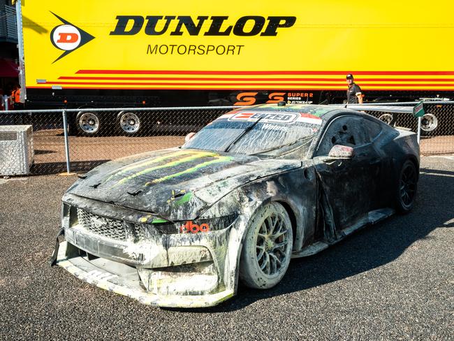 Cameron Waters’ Mustang after the Saturday fire. Picture: Daniel Kalisz/Getty Images