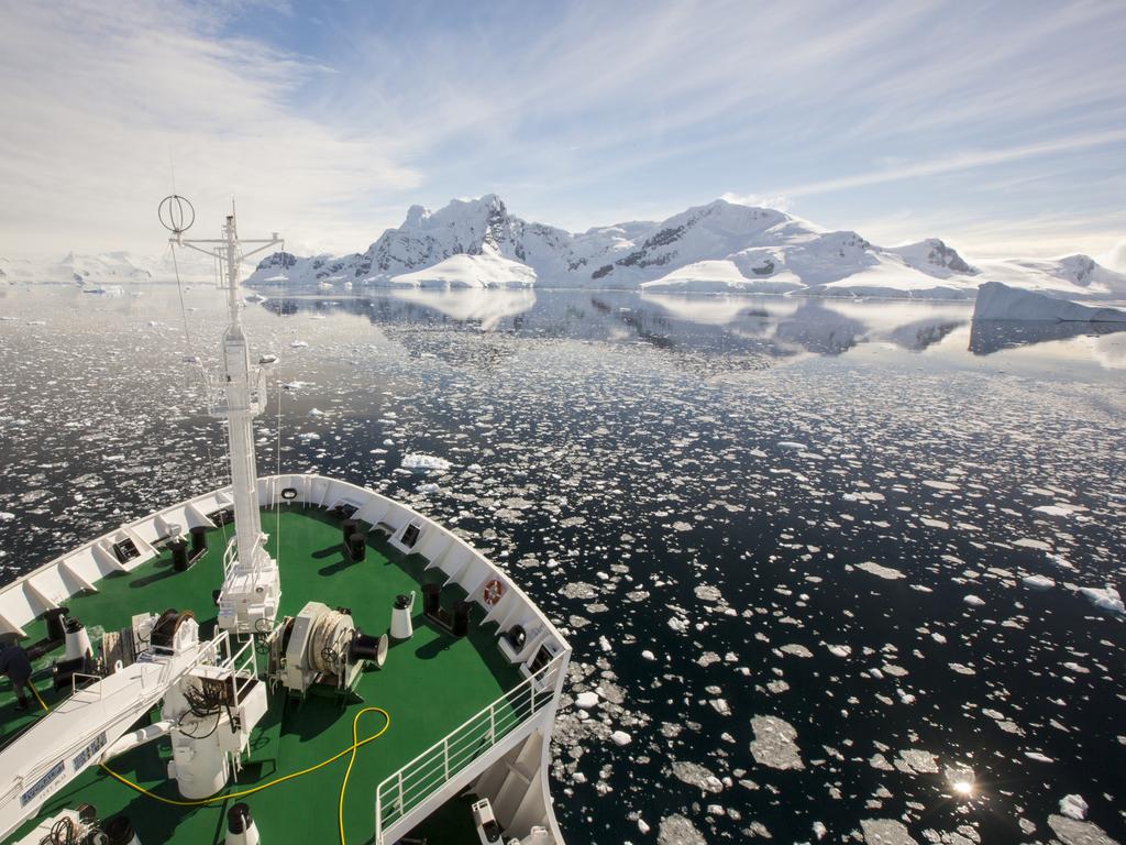 The deck of the Akademik Sergey Vavilov is pictured off the Antarctic Peninsular at the Gerlache Strait. The Antarctic Peninsular is one of the most rapidly warming places on the planet. Picture: Getty Images