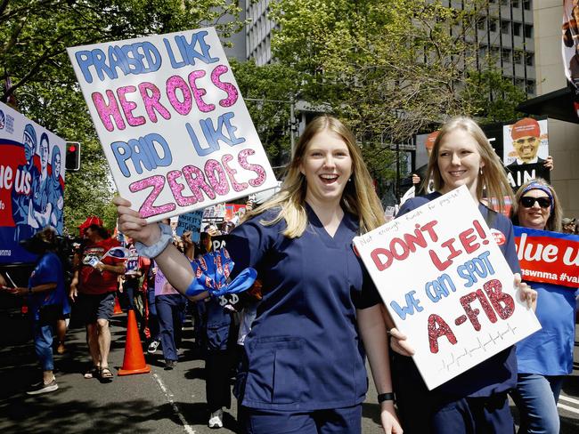 SYDNEY, AUSTRALIA - NewsWire Photos SEPTEMBER 24 , 2024:   Nurses and Midwives march to State parliament as part of their 24 hour strike to demand better pay and for the the NSW government to better value their professions.Picture: NewsWire / John Appleyard