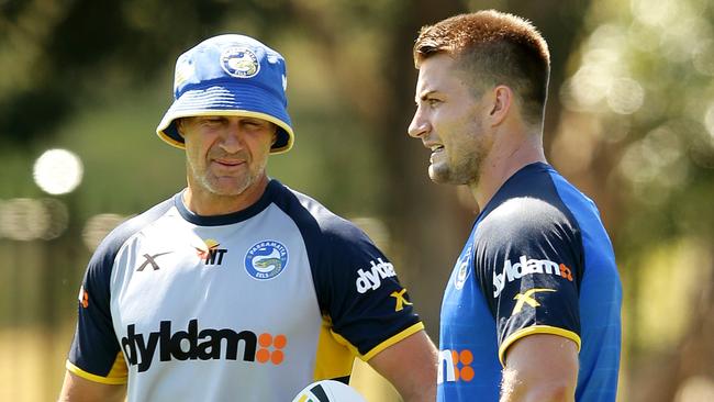 Brad Arthur and Kieran Foran talk during an Eels training session earlier this year. Picture: Gregg Porteous