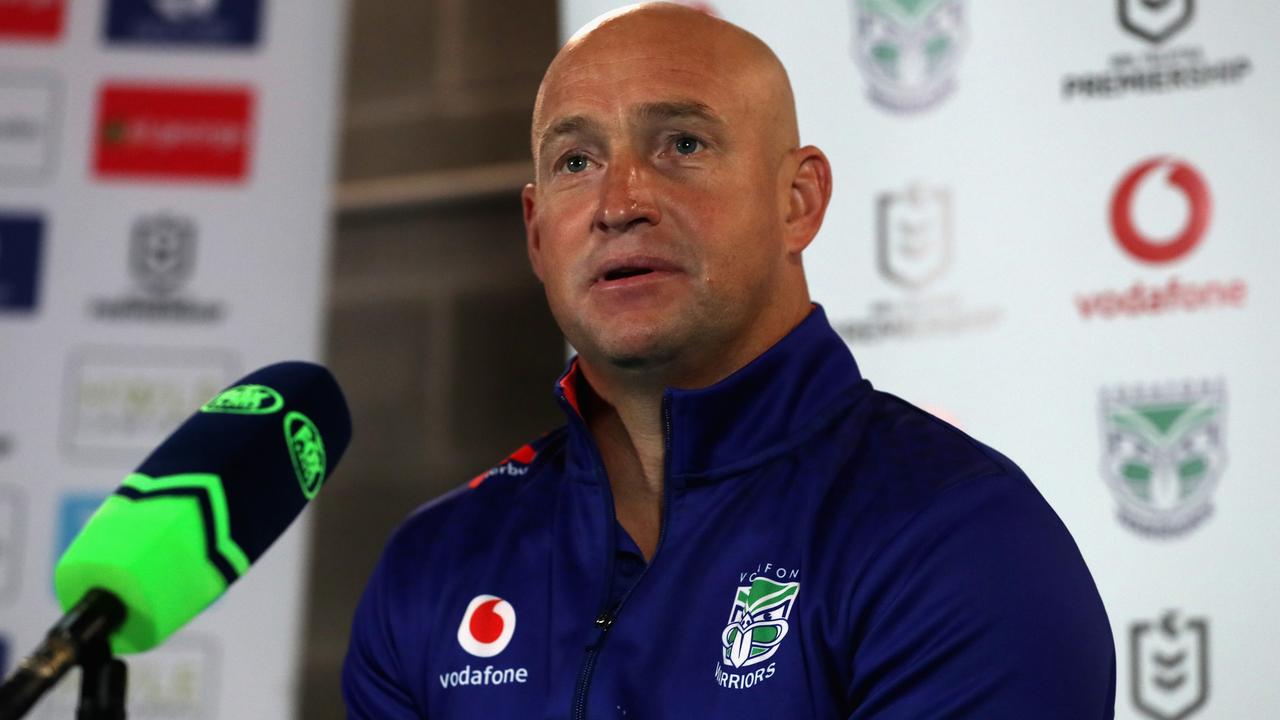 GOSFORD, AUSTRALIA - JULY 02: Nathan Brown coach of the Warriors during the post match interview during the round 16 NRL match between New Zealand Warriors and the St George Illawarra Dragons at Central Coast Stadium, on July 02, 2021, in Gosford, Australia. (Photo by Ashley Feder/Getty Images)