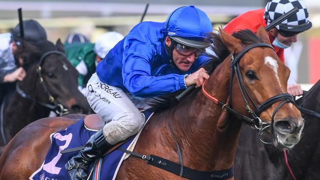 Home Of The Brave gave Damien Oliver his fifth win in the Aurie’s Star. Picture: getty Images