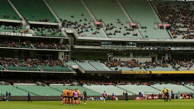 Hawthorn huddles up before a small crowd before its clash against West Coast. Picture: Mark Stewart