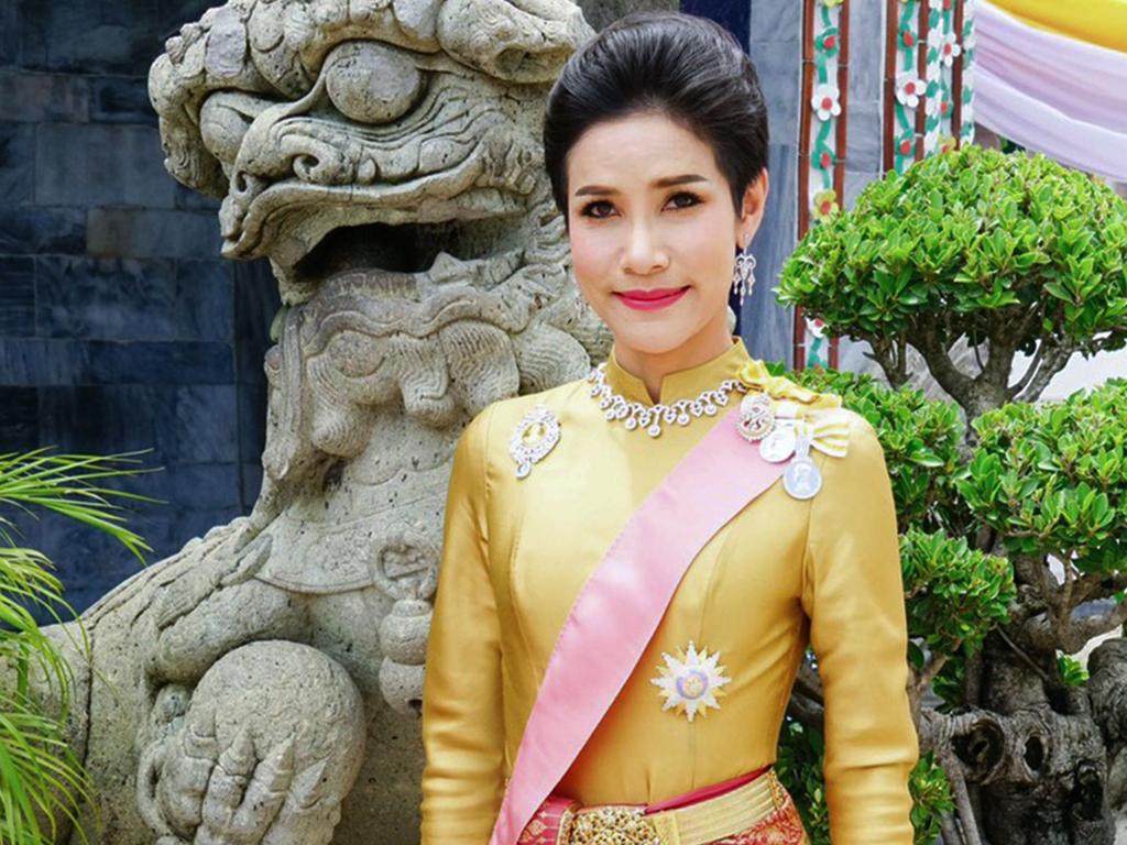 Sineenat Wongvajirapakdi in the gardens of the palace before her brutal sacking this week. Picture: Thailand Royal Office/AFP